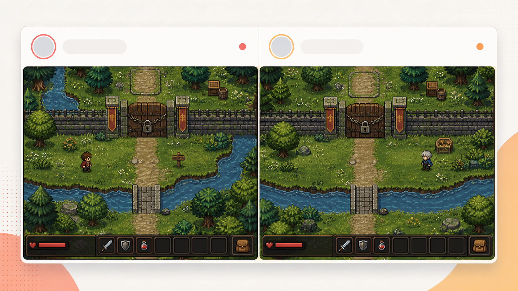 Two players exploring the same pixel-art game world from separate screens.