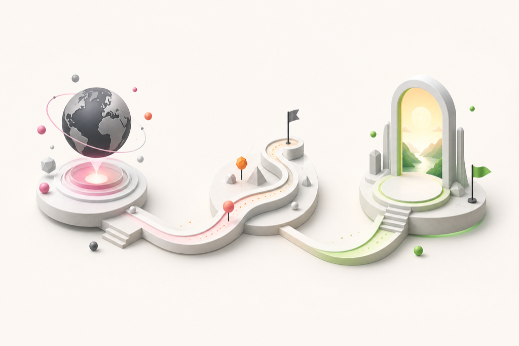 A visual trail of meaningful moments leading from an opened world to a ready next action.