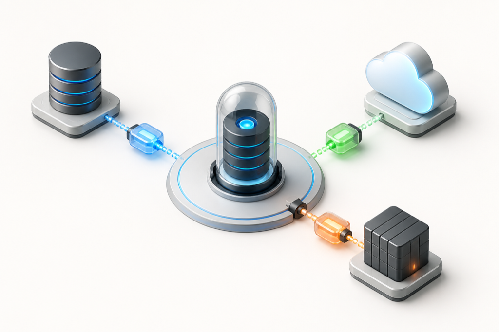 A central capsule connected through replaceable links to database, cloud, and storage resources.