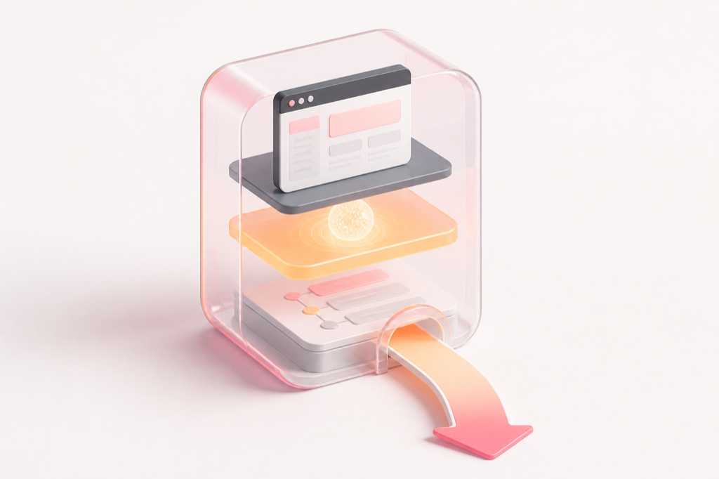 A translucent capsule holding software, state, and context with an open path for continuation.