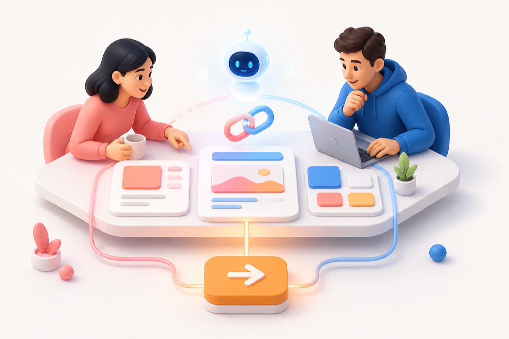 Two people and an AI presence gathered around one shared workspace and its next action.