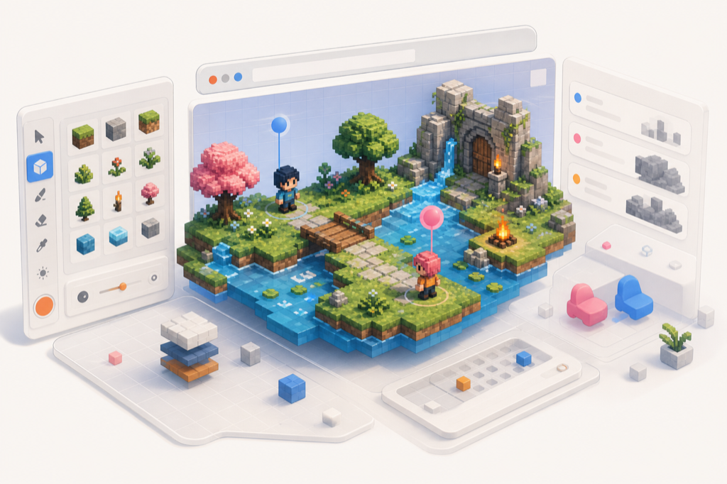 A living pixel-art software activity surrounded by browser, creative, and shared workspace layers.