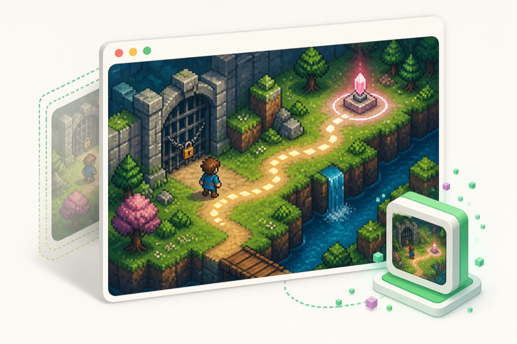 A saved pixel-art game state showing a character, a locked gate, and a glowing checkpoint.